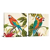 Buntes Papagei auf Baumzweig, Bild auf Leinwand, Wandkunst, Scharlachrot, Aras, Malerei, Aquarell, Popinjay, moderne Dekoration für Wohnzimmer, Schlafzimmer, 50,8 x 50,8 cm x 2