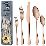 BEWOS Besteck Set für 6 Personen, 30 teilig Roségold Mattiert Essbesteck Set inkl. Messer, Gabel, Löffel, Besteck Edelstahl, Spü