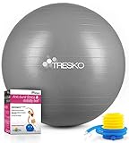 TRESKO Gymnastikball mit GRATIS Übungsposter inkl. Luftpumpe - Yogaball BPA-Frei | Sitzball Büro | Anti-Burst | 300 kg,Grau,75cm (für Körpergröße 175 - 185cm)