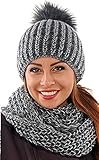 Damen Strickmütze & Loop mit großer Kombiset Kunstfell Bommel Strickset Beanie mit Fellbommel + Schlauchschal, Einheitsgröße K3 (Grafite)