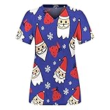 Damen Weihnachten Drucken Kurzarm V-Ausschnitt Pflege Kasack Arbeitsuniform Pflege Bluse mit Taschen Weichen Angenehm Schlupfkasack Berufskleidung Schlupfhemd Nurse Kasacks Pflegeuniform T-S