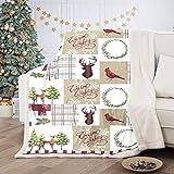 Weihnachtliche Patchwork-Decke, Überwurf, Elchdruck, dick, warm, weich, gemütlich, Flanelldecke für Couch, Bett, Sofa (130 x 150 cm)