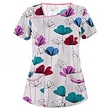 NHNKB Casual Tunika Damen Oberteile Frauen Mode Blumendruck Kurze Ärmel Hals Tops Arbeitsuniform Bluse Shirt V-Ausschnitt Kurzarm Geblümt Loose Tunika Medizinische Berufskleidung S