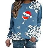 Teenager Mädchen Damen Weihnachten Pullover Winter Langarmshirt Casual Rundhals Weihnachtspullover Rotweinglas Schneeflocke Christmasmuster Weihnachtspullis Xmas Theme T-Shirt Weihnachts Geschenk