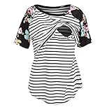 FEESHOW Damen Umstandstop Kurzarm Stillshirt Lagendesign Verdecktem Ausschnitt Umstandsmode Top T-Shirt mit Stillfunktion Schwarz_Blumen XXL