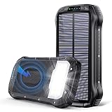 PowerBank 26800mAh Wireless Ladegerät Solar Powerbank Schnelles Aufladen 4 Ausgang(3.1A USB) +3 Eingängen (Mikro USB+Typ-C+Solar) 18 LED-Licht IP66 Wasserdicht Externer Akku für Handys (Black-Black)