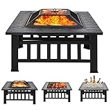 lulalula Feuerstelle mit Grillregal, quadratische Metallfeuerstelle Außenkamine Hinterhoffeuerstelle für Patio-Garten, inklusive Zündschutz und runder Kaminabdeckung