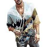 Shirt Herren V-Ausschnitt Schnürung Leinenhemd Herren Sommer Atmungsaktiv Komfortabel T-Shirt Herren Hawaii Urlaub Sandstrand Shirt Herren Mode Halber Ärmel Shirt H