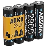 ABSINA Akku AA Mignon 2900 4er Pack - NiMH Wiederaufladbarer AA Akku mit min. 2650mAh & 1,2V - Akkus AA für Geräte mit hohem Stromverbrauch - AA Akkus ideal für Blitzgerät, Wii & Xbox C