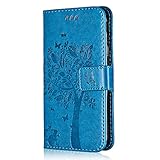 Conber Hülle für Samsung Galaxy S5 Mini, PU Leder Tasche Flip Case Lederhülle Handyhülle, Vintage Katze und Baum Schutzhülle für Samsung Galaxy S5 Mini - B