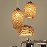 Holz Pendelleuchte Handgemacht aus Bambus, Rattan Gewebt Hängeleuchte 3-flammig Esstisch-Lampe, Bambus Lampenschirm, Retro Landhaus Pendellampe, Vintage E27 Holz-Optik für Esszimmer Küche S