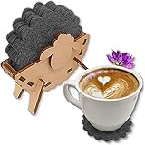 HeideHome Filzuntersetzer 6er Set dunkelgrau mit Halter aus Holz (Schaf/Heidschnucke) – nachhaltige dekorative Glasuntersetzer grau aus Filz für Tisch, Bar, usw. – Untersetzer für Getränk