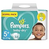 Pampers Baby-Dry Größe 5+, 58 Windeln, bis zu 12 Stunden Rundum-Auslaufschutz, 12-17kg