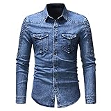 KBUY Jeanshemd Herren Denim Shirt Langarmhemd Cowboy-Style Freizeit Hemd männer Kent-Kragen Business Casual Herren Jeanshemd Denim Blau Herrenhemd Regular Fit Langarm Freizeithemd M-3XL