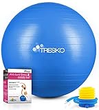 TRESKO Gymnastikball mit GRATIS Übungsposter inkl. Luftpumpe - Yogaball BPA-Frei | Sitzball Büro | Anti-Burst | 300 kg,Blau,75cm (für Körpergröße 175 - 185cm)