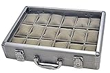 SAFE 266-2 ALU Uhrenaufbewahrungsbox Herren mit 18 Uhren-Schmuckhalter in grauem Samt - abschließbare Uhren Box mit Glasdeckel und abnehmbaren Uhrenk