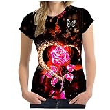 Ur_Ben Damen Sommer T-Shirt Lässig 3D Drucken Tops Rose Motiv Pullover Kurzarm O-Ausschnitt Lose Tunika Bluse(Orange,2XL)