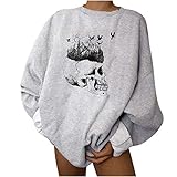 Xniral Halloween Pullover Skelett Tanzen Langarm Sweatshirt Damen Lose Rundhals Tops Bluse Herbst Winter Streetwear Oberteile(Grau 2,M)