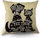 Bester Freund Zitat Kissenbezüge Schwarzer Hund und Katze im Inneren Zitat Freunde sind wie Sterne Kissenbezüge 18'x 18' Zoll Baumwolle Leinen Kissenbezug für Männer Frauen Schwarz Weiß