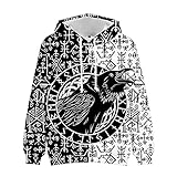 Odinism-Herren Wikinger Hoodies 3D Print Tattoo Sweatshirt Nordic Myth Kapuzenpullover Big Pocket Herbst Loose Street Jacke,Crow Hoodie,M