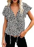 Uusollecy Damen Bluse Sommer, Leopardenmuster V-Ausschnitt Chiffon Kurzarm Tops, Casual Lose Oberteile Bluse Für Frauen Teen Girls Schwarz M