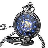 FDSGEWW Taschenuhr Mode Schwarz Hohlgehäuse Blau Römisches Ziffernblatt Skeleton Steampunk Mechanische Anhänger Taschenuhr Mit Kette Geschenk
