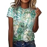 Damen Freizeit T-Shirt mit Rundhalsausschnitt und Blumendruck,Mode Große Größen Bluse Shirt Sweatshirts Leinen Baumwolle Hemd Oberteile Druck T-Shirt Kurzarm Blusen Eay