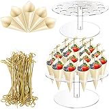 Eiscreme-Kegelhalter, Cupcake-Zapfen, Backständer, durchsichtiges Acryl, Sushi-Handrollen-Display, Snack-Tablett, 100 Stück hölzerne Lebensmittelkegel und 100 Stück Essensspieße für Party