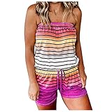 TWIOIOVE Damen Sommer Kurz Jumpsuit Elegant Regenbogen Streifen Einteiler Romper Ärmelloser Strand Kurzer Playsuit Trägerloser Strampler Hosenanzug Rückenfrei Stretch O