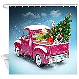 TEPET Schnee Winter Weihnachten Auto Stoff Duschvorhang, Baumkugeln und Geschenkboxen im LKW Fliegende Schneeflocken, wasserdichtes extra langes B