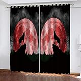 TTBBBB Blickdicht Vorhang Für Wohnzimmer Roter Vollmondtierwolf B 140 x H 160 cm Junge ​mit Mädchen Schlafzimmer Wohnzimmer Kinderzimmer - 3D Digitaldruck mit Ösen Thermo Vorhang
