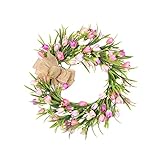 HYLYING 40 cm rosa Tulpen Blumenkranz für Haustür Seide Blumenkranz mit Tulpen und Schleife Faux Blumenkranz für Frühling, Sommer, Winter, Zuhause, H