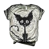 VICIKON Halloween Casual Oberteile,Vintage Katze T-Shirt,Katze auf Besen,Hexen Shirt,Schwarze Katze T-Shirt mit O-Ausschnitt,Damen Halloween-Druck Übergröße T-Shirts Kurzarm Grafik T-S