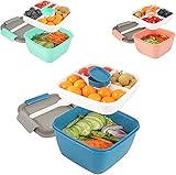 Salatbehälter Lunch-Behälter Bento Box für Mittagessen, 3 Fächer für Salat, Snacks, Salatschüssel mit Dressingbehälter, auslaufsicher, mikrowellengeeignet 1300 ml Dunkel(Pink+Grün+Blau）