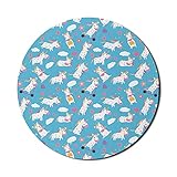 Kinderzimmer Mauspad für Computer, Einhorn auf Roller spielen mit herzförmigen Luftballons Blumen Druck, rundes rutschfestes dickes Gummi Modern Gaming Mousepad, 8 'Runde, Deep Sky Blue M