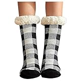 JOYISURE Bunte Plüschsocken Damen Karierte Bodensocken Warme Schlafsocken Hausschuhe Socken Bequem Haussocken Atmungsaktiv Dicke Thermosocken Lustige Socken Merino Socken(Schwarz)