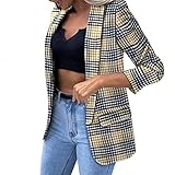 XUNN Damen Blazer Sakko Elegant Tailliert Anzug Stickjacke Langarm Plaid Jacke Slim Fit Revers Geschäft Büro Jacke Kurz Mantel Leicht Anzugjacke Blazerjack