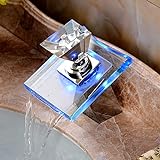 LED Wasserfall Wasserhahn Kalt- Warmwasser Einhandmischer Badarmatur mit Temperatursensor RGB 3 Farbewechsel für Badezimmer W
