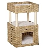 Pawhut Rattan Katzenkorb 3-stöckiges Katzenbett Katzenhöhle Katzenturm mit 3 Kissen Liegedach Sisal Natur 40 x 40 x 70