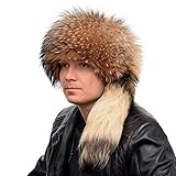 Herren Trappermütze mit Schweif aus echtem Finnraccoon Winter Mütze Waschbärfell Pelz Fell Trapper Waschbär Pelzmütze Fellmütze Echt Ski Tschapka Finn Raccoon Schapka Echtfell Echtpelz Fuchs (M)