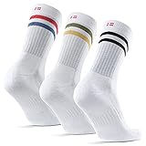 Retro Tennissocken, für Herren & Damen, Performance Crew, Sportsocken 3 Paare (Weiß Mehrfarbig Retro (1 x Roter/blauer Streifen, 1 x Schwarzer Streifen, 1 x Grüner/gelber Streifen), EU 43-47)