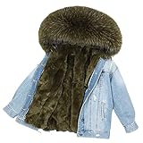 HANTONGHAO Winter Damen Natur Fuchspelz großer Pelzkragen Mantel Denim lose Mode Pelz abnehmbar Kaninchenfutter Parka Lederjacke - 25,S