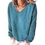 JIANMIN Damen-Pullover, V-Ausschnitt, langärmelig, lässig, lockere Pullover, Damenbekleidung für Herbst, Weinrot 2020, Blau, Größe: M