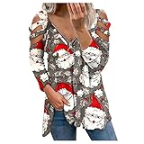 BIBOKAOKE Sexy Pullover Damen Weihnachten Bedrucktes Weihnachtspullover V-Ausschnitt Reißverschluss Langarm Schulterfrei Oberteil Damen Langarmshirt Asymmetrische Sweatshirt Jumper Top