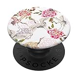 Hübsches asiatisches Muster, fliegende Kraniche und rosa Blumen auf weißem Hintergrund. PopSockets mit austauschbarem PopGrip