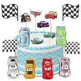 Syijupo Tortendeko Auto Geburtstag Mini Auto Tortendekoration, Checkered Racing Flagge Cars Lightning McQueen Dekoration Cupcake-Aufsätze für Kinder Mädchen Jung