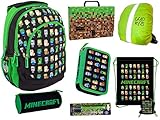 Set Schulrucksack 7er Ranzen Federmappe Turnbeutel Minecraft Motiv erste Klasse Füller Game Regenhülle Schlampermäppchen Sportbeutel Schreibfeder Füllerfederhalter Aktentasche O