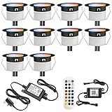Geyueya Terrassenbeleuchtung, WiFi-Controller, Ø 45 mm, 12 V, RGBW, RGB/Warmweiß, Farbwechsel, wasserdicht, IP67, LED-Decklichter für Terrasse, Weg, Treppen, Fernbedienung, 10 Packung