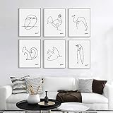 DHLHL Moderne abstrakte Tierfigur Eule Pferd Poster drucken nordischen Stil minimalistischen Wandkunst Bild Wohnkultur Picasso Leinwand Gemälde 21x30cmx6pcs No F