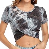 Sylanfia Damen Kurzarm Bauchfreie Oberteile Crop Top mit Knoten vorne, Lässiges T-Shirt Kurz Oberteile Rundhalsausschnitt Tops für D